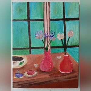 Floral Window Scene Canvas Acrylic Art 11 × 14